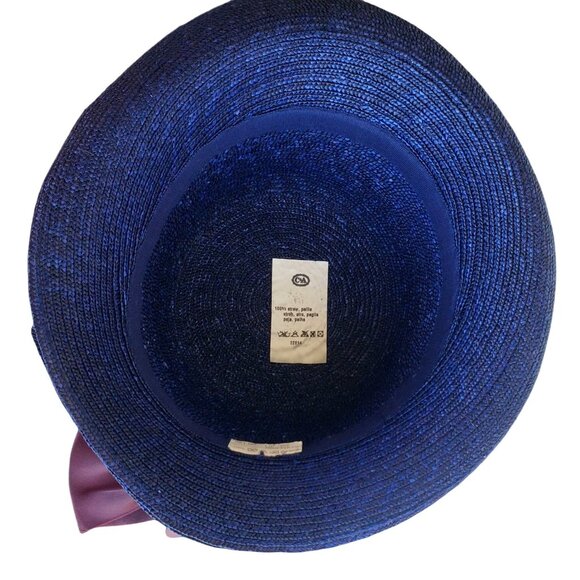 Vintage Straw Hat Blue Bowler Faded Purple Satin Ribbon - Picture 6 of 10